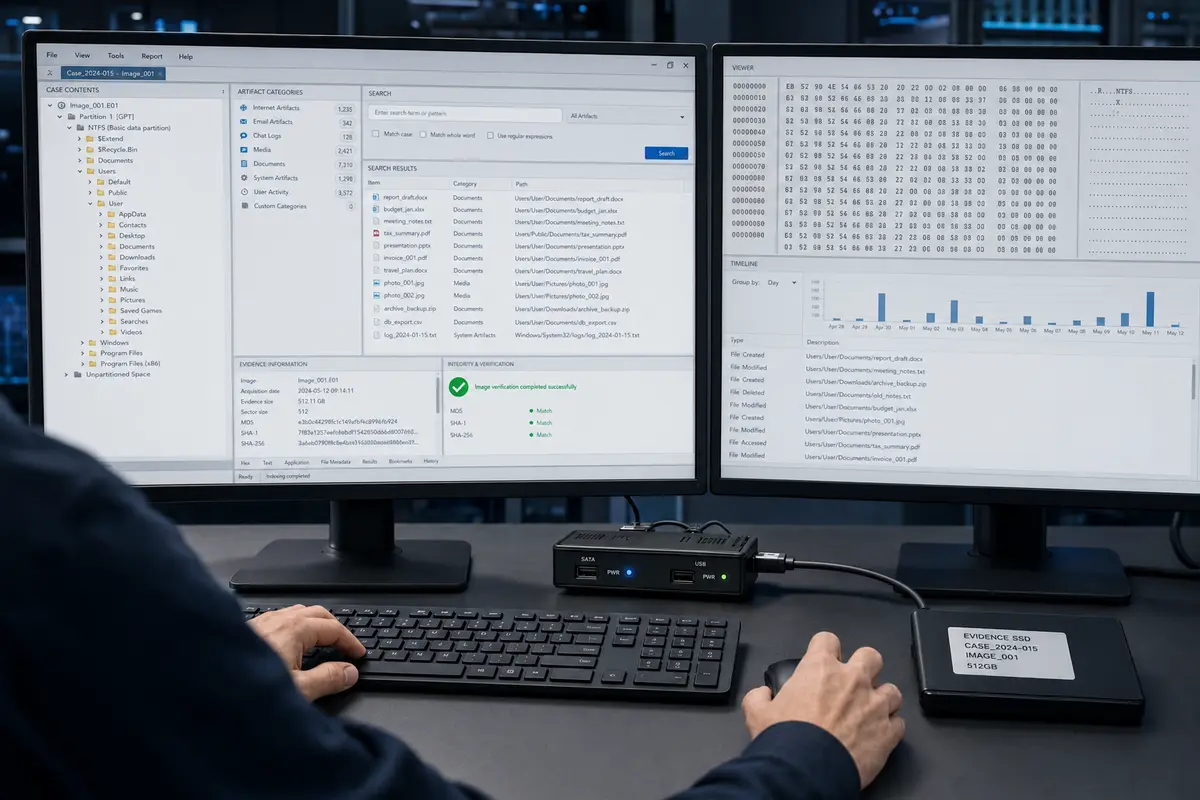 Analista al lavoro su una copia forense con strumenti di ricerca e verifica dell’integrità