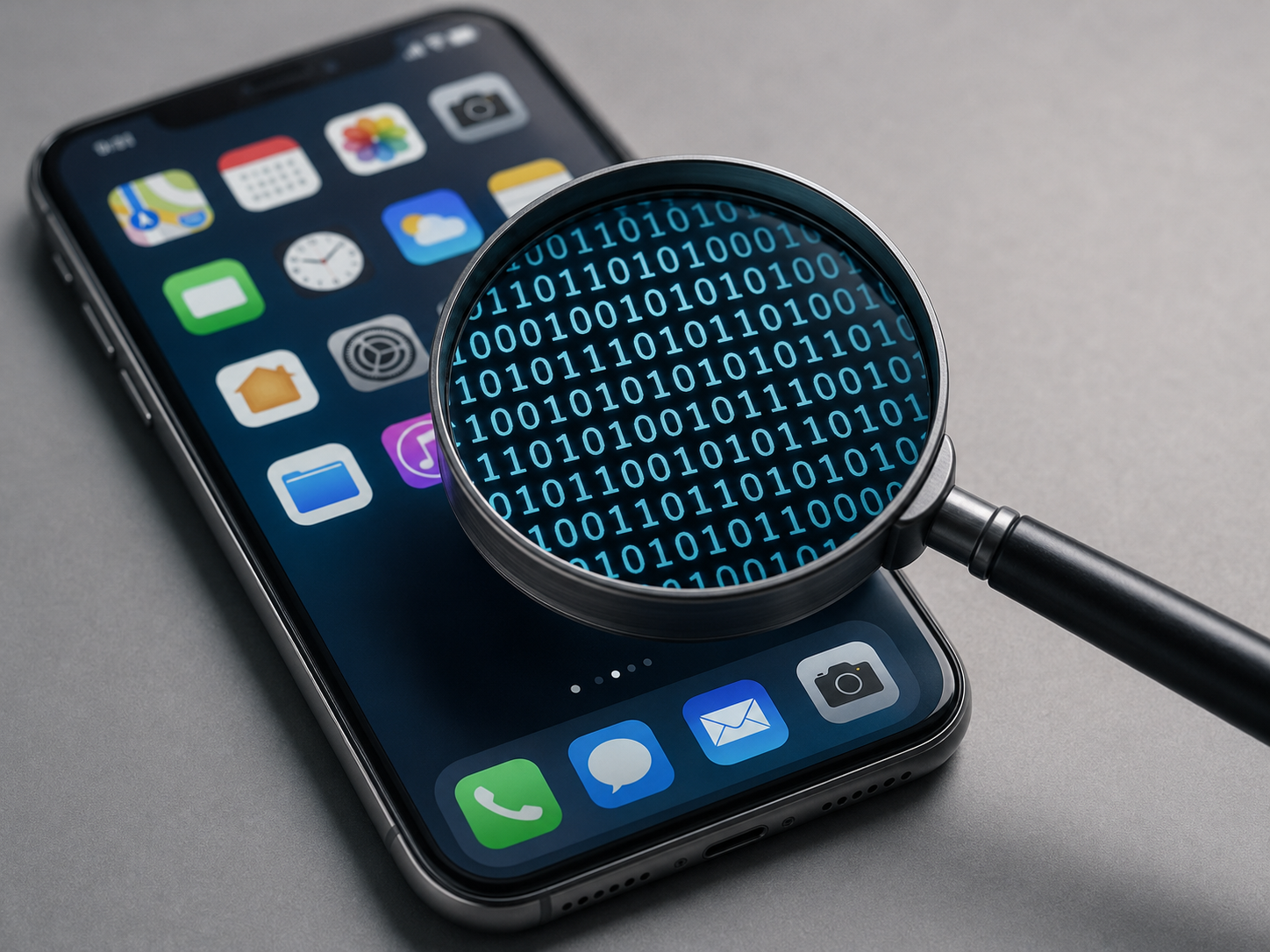 Applicazioni di uno smartphone osservate attraverso una lente che mostra il codice binario sottostante