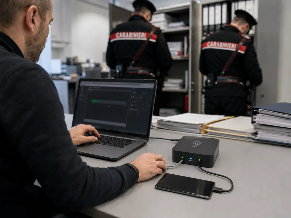 Specialista di informatica forense a supporto della Polizia Giudiziaria durante una perquisizione informatica